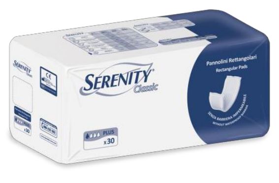 PANNOLONE PER INCONTINENZA RETTANGOLARE SENZA BARRIERA IMPERMEABILE SERENITY CLASSIC 30 PEZZI - farmasconti.eu
