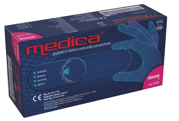 GUANTO IN LATTICE CON POLVERE LUBRIFICANTE MEDICA S 100 PEZZI - farmasconti.eu