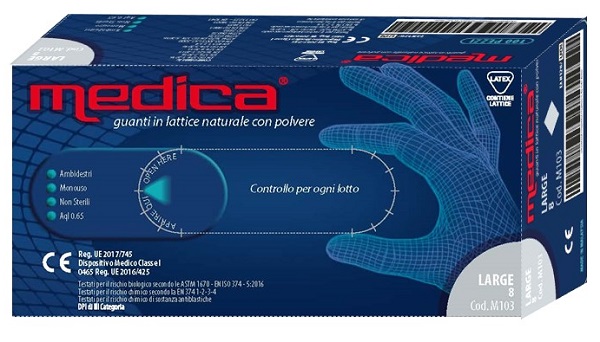 GUANTO IN LATTICE NATURALE CON POLVERE LUBRIFICANTE MEDICA L 100 PEZZI - farmasconti.eu