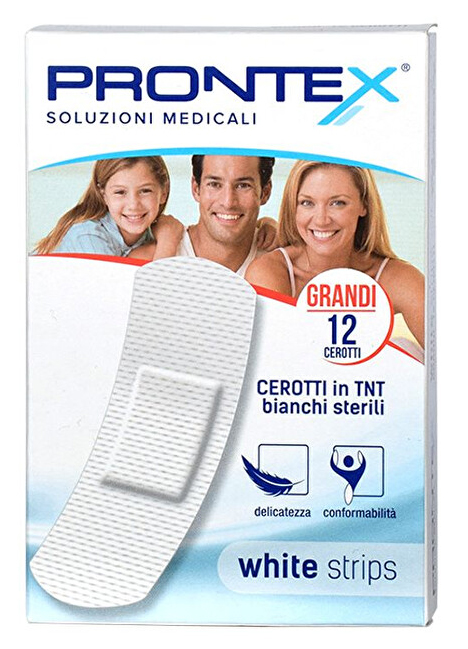 CEROTTO PRONTEX WHITE STRIPS IN TESSUTO NON TESSUTO BIANCO STERILE SCATOLA 12 CEROTTI GRANDI - farmasconti.eu