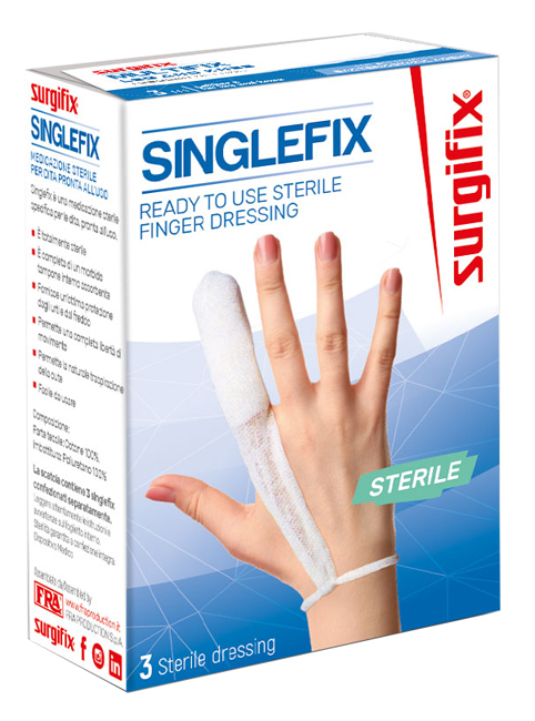 MEDICAZIONE STERILE PER DITO SINGLEFIX, COSTITUITA DA UNA GUAINA IN COTONE E DA UN'IMBOTTITURA INTERNA ASSORBENTE. SI APPLICA DIRETTAMENTE SULLA FERITA E SI FISSA AL POLSO - farmasconti.eu