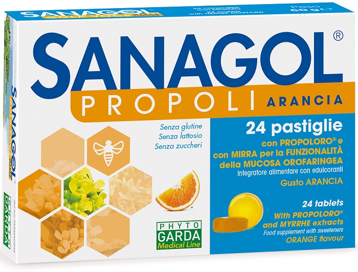 SANAGOL PROPOLI SENZA ZUCCHERO ARANCIA 24 CARAMELLE - farmasconti.eu