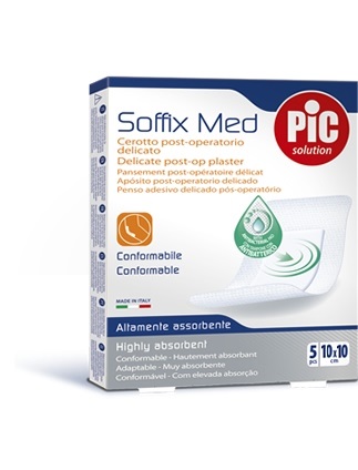 CEROTTO PIC SOFFIX MED IN TNT CON TAMPONE CENTRALE ASSORBENTE STERILE MONOUSO 10X10 CM ANTIBATTERICO 5 PEZZI - farmasconti.eu