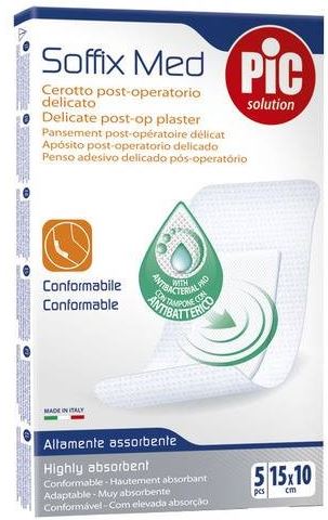 CEROTTO PIC SOFFIX MED IN TNT CON TAMPONE CENTRALE ASSORBENTE STERILE MONOUSO 10X15 CM ANTIBATTERICO 5 PEZZI - farmasconti.eu
