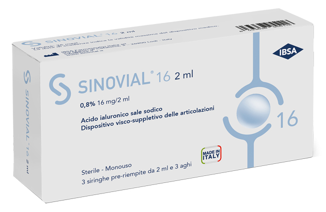 SIRINGA INTRA-ARTICOLARE SINOVIAL 16 ACIDO IALURONICO SALE SODICO 0,8% 16MG/2ML 3 SIRINGHE X 2ML + 3 AGHI - farmasconti.eu