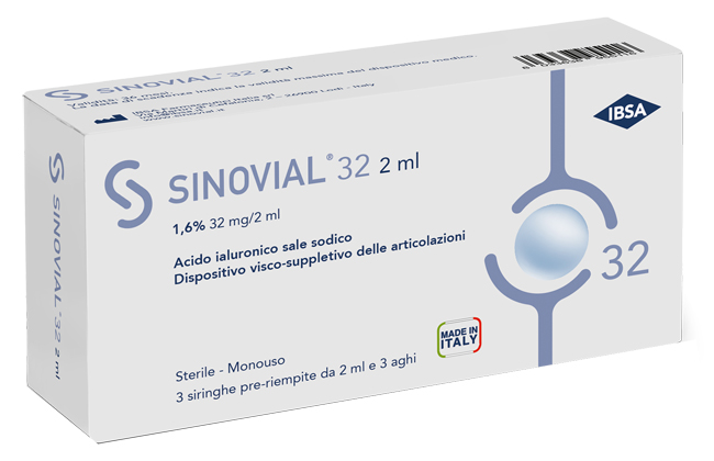 SIRINGA INTRA-ARTICOLARE SINOVIAL 32 ACIDO IALURONICO SALE SODICO 1,6% 32MG/2ML 3 SIRINGHE X 2ML + 3 AGHI - farmasconti.eu