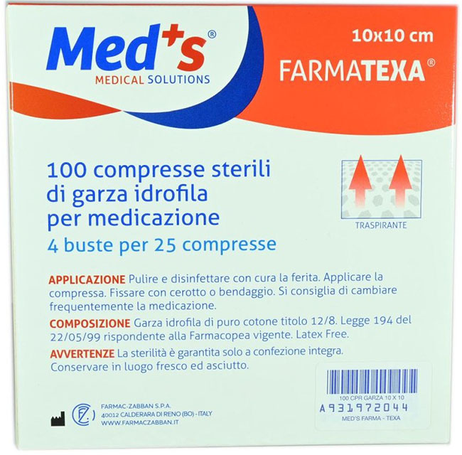 GARZA COMPRESSA IDROFILA MEDS FARMATEXA 2/8 10X10CM 100 PEZZI - farmasconti.eu