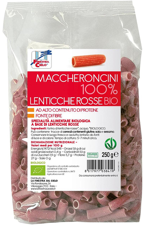 LA FINESTRA SUL CIELO MACCHERONCINI LENTICCHE ROSSE BIO 250 G - farmasconti.eu