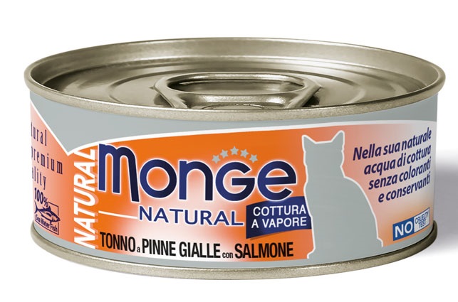 MONGE NATURAL QUALITY GATTO MONGE NATURAL TONNO PINNA GIALLA CON SALMONE 80 G - farmasconti.eu
