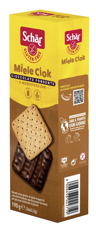 SCHAR MIELE CIOK BISCOTTI AL MIELE RICOPERTI DI CIOCCOLATO FONDENTE 3 PORZIONI DA 63,5 G - farmasconti.eu