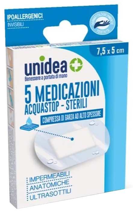 MEDICAZIONE UNIDEA 7,5X5 CM STERILE IMPERMEABILE 5 PEZZI - farmasconti.eu