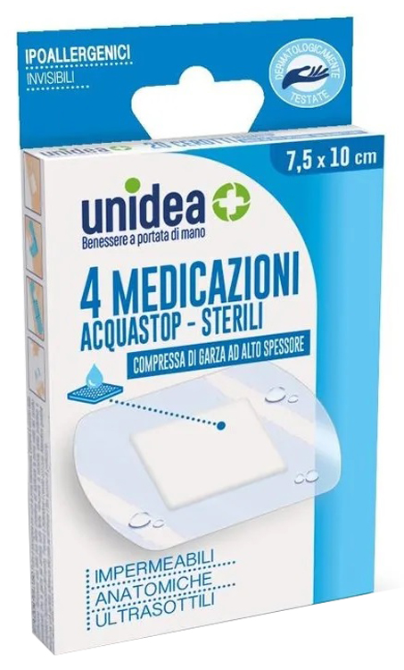 MEDICAZIONE UNIDEA 7,5X10 CM STERILE IMPERMEABILE 4 PEZZI - farmasconti.eu