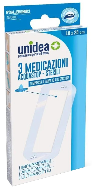 MEDICAZIONE UNIDEA 10X25 CM STERILE IMPERMEABILE 3 PEZZI - farmasconti.eu
