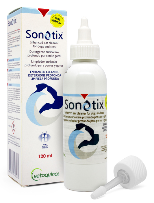 SONOTIX DETERGENTE AURICOLARE PROFONDO CANI E GATTI 120 ML + CANNULA CORTA RIGIDA + CANNULA LUNGA FLESSIBILE - farmasconti.eu