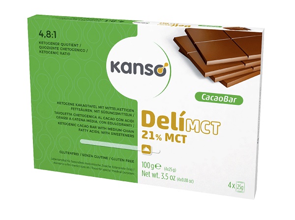 KANSO DELIMCT CACAO BAR 21% TAVOLETTA CHETOGENICA AL CACAO CON ACIDI GRASSI A CATENA MEDIA 4 MONOPORZIONI DA 25 G - farmasconti.eu