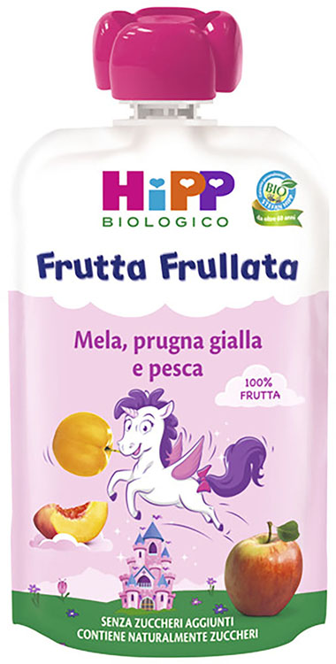 HIPP BIO FRUTTA FRULLATA UNICORNO MELA PRUGNA GIALLA PESCA 90 G - farmasconti.eu