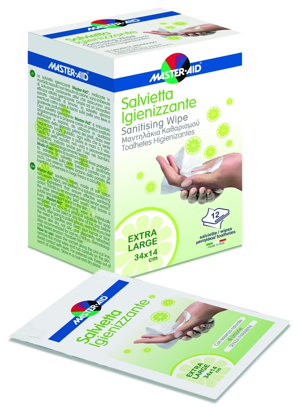 MASTER-AID SAVIETTA IMPREGNATA DI SOLUZIONE IGIENIZZANTE XL 12 PEZZI - farmasconti.eu