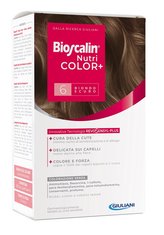BIOSCALIN NUTRICOLOR PLUS 6 BIONDO SCURO CREMA COLORANTE 40 ML + RIVELATORE CREMA 60 ML + SHAMPOO 12 ML + TRATTAMENTO FINALE BALSAMO 12 ML - farmasconti.eu
