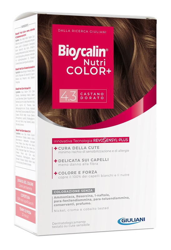 BIOSCALIN NUTRICOLOR PLUS 4,3 CASTANO DORATO CREMA COLORANTE 40 ML + RIVELATORE CREMA 60 ML + SHAMPOO 12 ML + TRATTAMENTO FINALE BALSAMO 12 ML - farmasconti.eu