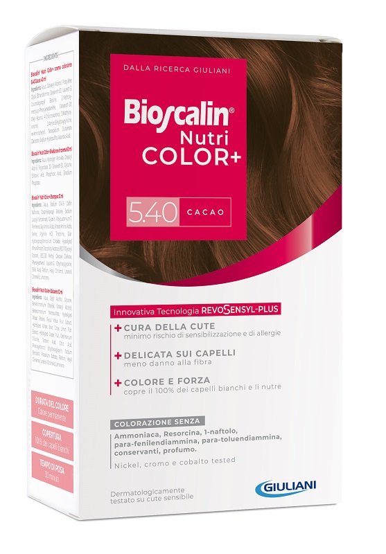 BIOSCALIN NUTRICOLOR PLUS 5,40 CACAO CREMA COLORANTE 40 ML + RIVELATORE CREMA 60 ML + SHAMPOO 12 ML + TRATTAMENTO FINALE BALSAMO 12 ML - farmasconti.eu