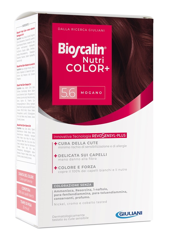 BIOSCALIN NUTRICOLOR PLUS 5,6 MOGANO CREMA COLORANTE 40 ML + RIVELATORE CREMA 60 ML + SHAMPOO 12 ML + TRATTAMENTO FINALE BALSAMO 12 ML - farmasconti.eu