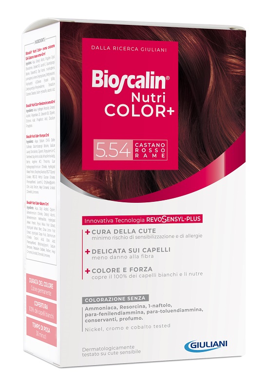 BIOSCALIN NUTRICOLOR PLUS 5,54 CASTANO ROSSO RAME CREMA COLORANTE 40 ML + RIVELATORE CREMA 60 ML + SHAMPOO 12 ML + TRATTAMENTO FINALE BALSAMO 12 ML - farmasconti.eu