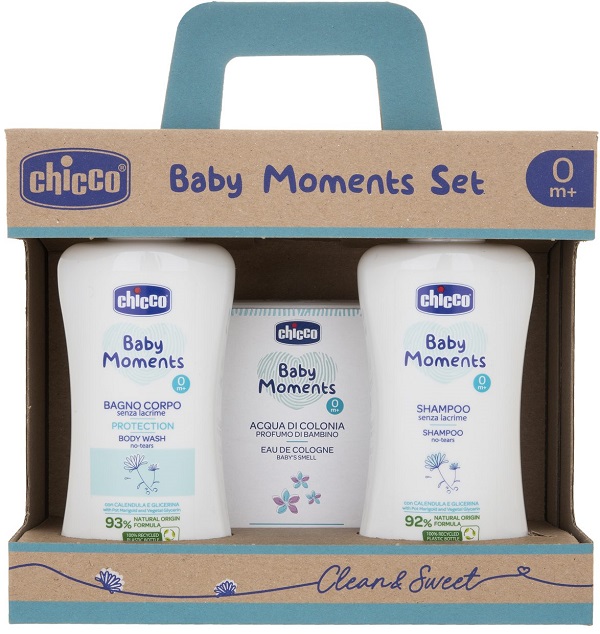 CHICCO BABY MOMENTS SET BAGNOSCHIUMA PELLI DELICATE 200 ML + SHAMPOO PELLI DELICATE 200 ML + ACQUA DI COLONIA BABY SMELL PELLI DELICATE 100 ML - farmasconti.eu