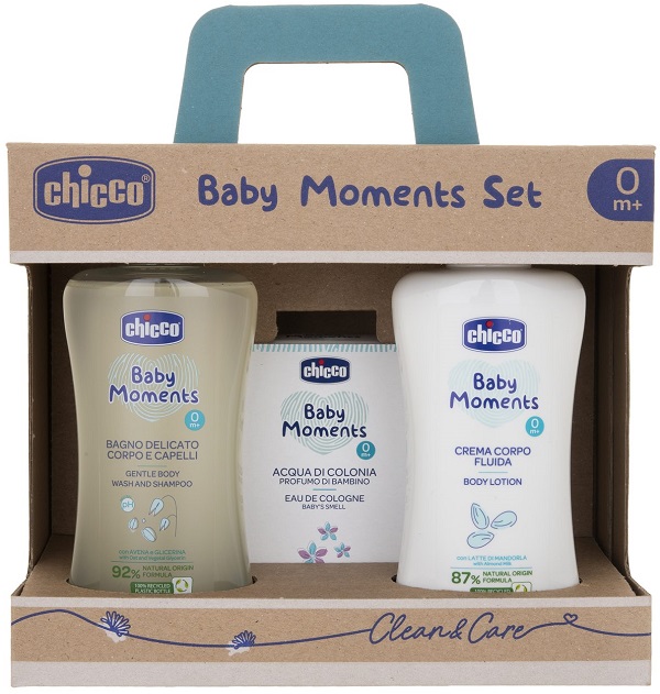 CHICCO BABY MOMENTS SET BAGNO DELICATO CORPO-CAPELLI PELLI DELICATE 200 ML + CREMA CORPO PELLI DELICATE 200 ML + ACQUA DI COLONIA BABY SMELL PELLI DELICATE 100 ML - farmasconti.eu