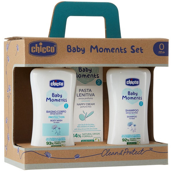 CHICCO BABY MOMENTS SET BAGNOCHIUMA PELLI DELICATE 200 ML + SHAMPOO PELLI DELICATE 200 ML + PASTA CAMBIO PELLI DELICATE 100 ML - farmasconti.eu