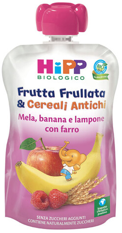 HIPP BIO FRUTTA FRULLATA&CEREALI ANTICHI MELA BANANA LAMPONE FARRO 90 G - farmasconti.eu