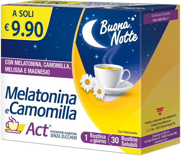 MELATONINA E CAMOMILLA ACT 30 BUSTINE SOLUBILI SENZA ZUCCHERI - farmasconti.eu