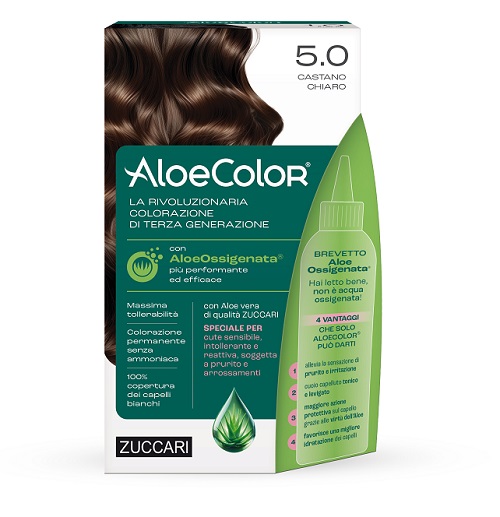 ALOECOLOR 5,0 CASTANO CHIARO TINTA PERMANENTE CAPELLI COLORE AD ALTA PIGMENTAZIONE 50 ML + RIVELATORE ALOEOSSIGENATA 75 ML + SHAMPOO ALOECARE 15 ML + GUANTI - farmasconti.eu